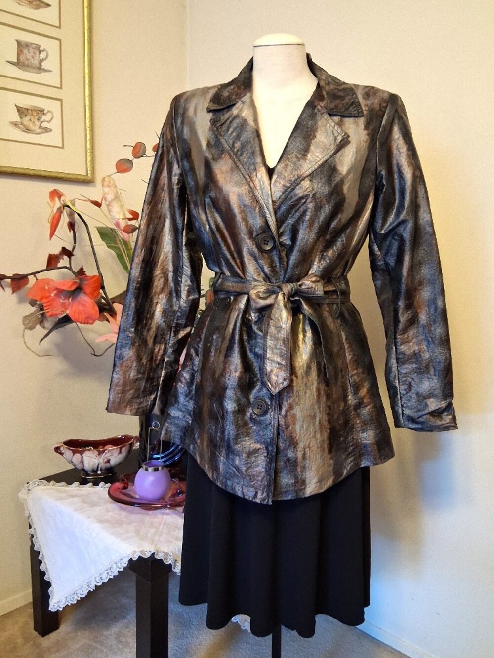 Robert Kitchen Tailored Lined Trench Coat Belted Blazer Jacket Outerwear Women M